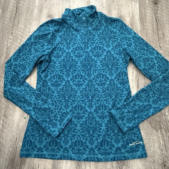 Eddie Bauer 1/4 Zip Pullover Womens Medium Teal Floral Top Activewear Stretch - Picture 9 of 9